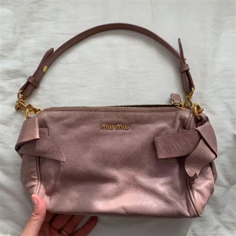 Authentic MIU MIU Leather Ribbon Gathered Shoulder Bag Pink 